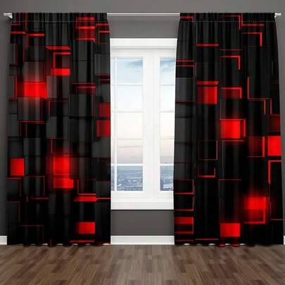 2 件红黑格子图案窗帘，卧室、客厅、家居装饰装饰窗帘