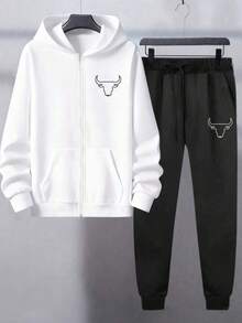 男士运动健身极简印花两件套，秋冬季，男士白色拉链连帽衫+紧身裤，公牛图案运动服套装，适合健身房和日常穿着 - 黑與白 - 查看 3