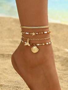 4pcs/Set Gold Starfish Handmade Random Beaded Anklet, Simple Metal Thick Snake, Shell, Fish Tail Pendant Foot Jewelry For Women, Suitable For Daily Wear, Travel And Vacation