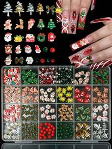 1盒随机混合ABS卡通圣诞美甲饰品，3D圣诞老人、圣诞树、雪人、铃铛、可爱圣诞蝴蝶结花环，镶嵌红色和绿色水钻，美甲配件DIY美甲 - 彩色 - 查看 3