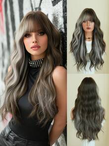 AKAKO Long Wave Brown & Gray Highlight Cosplay Wigs For Women Synthetic Wavy Wigs With Bangs, Natural Looking Heat-Resistant Fiber Fake Hair, Gothic Style Fashion Costume Wig For Halloween Party Masquerade Ball,Music Festivals & Carnival Use 26 Inch