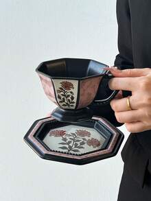 1pc European Elegant Ceramic Coffee Cup & Saucer Set, Vintage Chic Pink & Black Floral/Light Blue Floral Octagonal Mug, Embossed Design Coffee Cup, Suitable For Weekend/Afternoon Tea, Gathering With Friends, Tea & Coffee Drinking, Gift