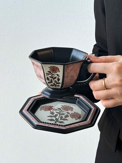 1 件欧式优雅陶瓷咖啡杯碟套装，复古别致粉色和黑色花卉/浅蓝色花卉八角形马克杯，浮雕设计咖啡杯，适合周末/下午茶、与朋友聚会、喝茶和咖啡、礼物