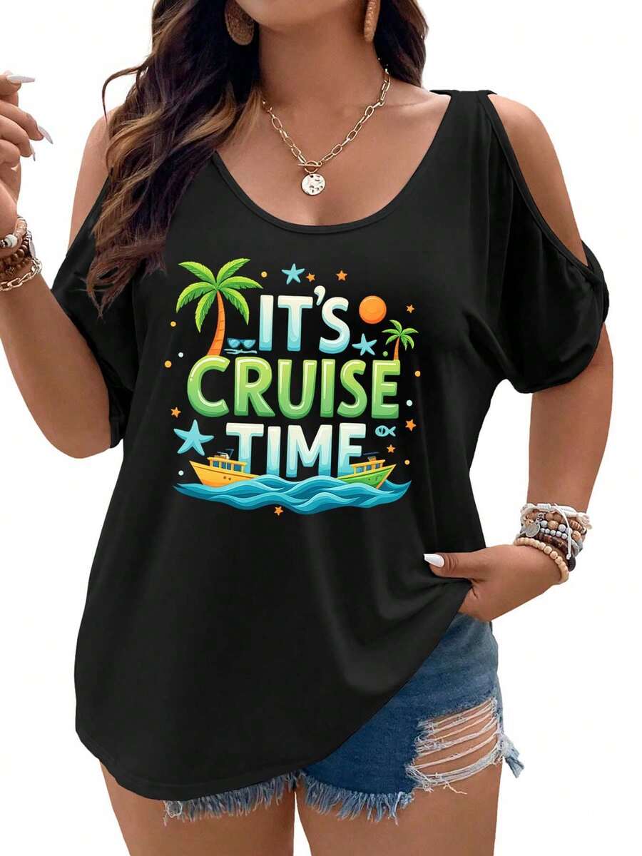 It's Cruise Time A Fun Summer Adventure -1Women Cold Shoulder Tops Summer Short Sleeve Shirt Plus Size - màu đen - Xem 1