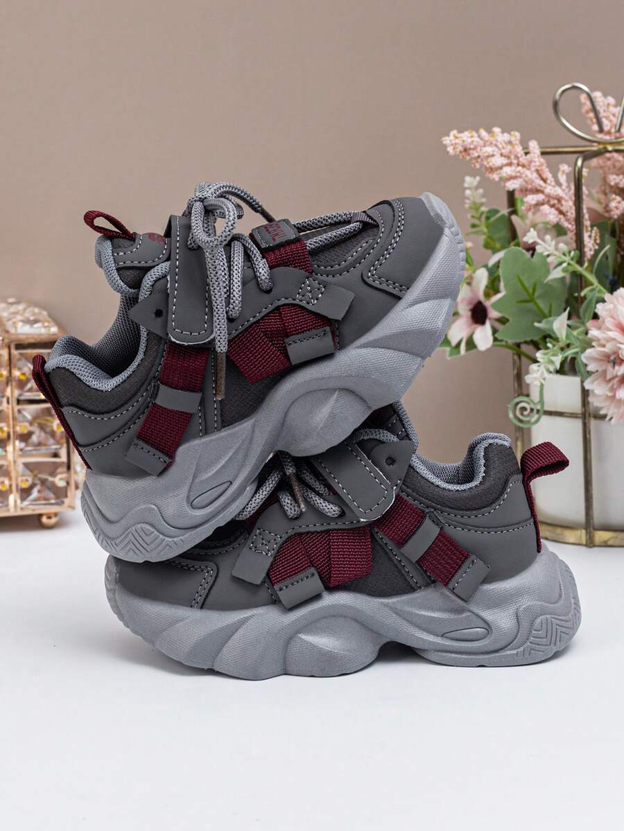 Spring & Autumn New Kids Sports Shoes, Girls Comfortable Lightweight Hook And Loop Casual Chunky Sneakers, Boys Fashion Versatile Running Sneakers - Grey - View 1