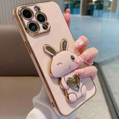 电镀简约可爱兔子支架保护壳适用于 iPhone11、iPhone13、iPhone14、iPhone13 Pro Max、iPhone14 Pro Max、iPhone15、iPhone15 Pro、iPhone5 Pro Max、iPhone16、iPhone16 Pro、iPhone16 Plus、iPhone16 Pro Max、iPhone17、iPhone17 Pro、Air、iPhone17 Pro Max