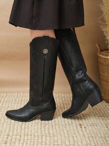 botas vaqueras  Liso    Cowboy    Tela    Cremallera lateral  Bordado    botas  Vacaciones    otoño - Negro - Ver 3