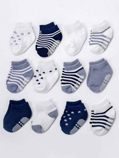 12 双防滑圆点抓地袜，适合幼儿、新生儿、男婴和女婴，室内爬行袜，精梳棉材质