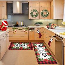 1/2/3 Stücke verstärkte 0.47 Inch/1.2cm Weihnachts-Küchen-Teppiche und -Matten - Rot karierte Weihnachts-Teppiche und -Matten rutschfest waschbar, Fußmatte mit geringer Profil für Feiertage, Weihnachtsdekoration für Zuhause, Heim süßes Heim