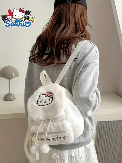 1 件 Sanrio Hello Kitty 毛绒背包，可爱卡通刺绣翻盖设计，大容量背包，可调节肩带，适合日常使用、购物和旅行，理想的圣诞礼物
