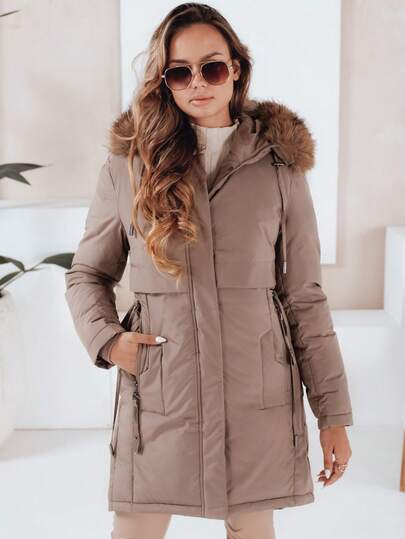 Women's Winter Hooded Parka, Mid-Length, With Detachable Faux Fur Hood, Warm And Comfortable Outerwear, Zipper And Snap Fastening, Practical Zippered Pockets, Stylish Design Perfect For Winter, Protects Against Wind And Cold