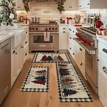 1/2/3pcs Black & White Plaid Christmas Tree & Merry Christmas Kitchen Mat Set, Subtle Winter Home Decor Kitchen Carpet - Multicolor - View 5