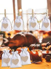 10 buc - Pungi de pânză de sac, pungă de cadou din in cu șnur și imprimeu cu inimă, mini pungă de cadou pentru bijuterii cu șnur, perfectă pentru nuntă, pungă de cadou pentru domnișoare de onoare, petrecere, ziua de naștere, Halloween, Ziua Recunoștinței, cadouri pentru petreceri de Crăciun