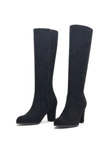 Women's Sexy Versatile Black Suede Thigh High Boots, Chunky Heel Knee High Boots With Side Zipper, Elegant Mid-Heel Long Boots For Commuting & Office, Autumn/Winter,Party - Black - View 1