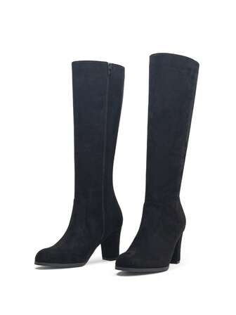 Women's Sexy Versatile Black Suede Thigh High Boots, Chunky Heel Knee High Boots With Side Zipper, Elegant Mid-Heel Long Boots For Commuting & Office, Autumn/Winter,Party