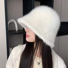 1pc Autumn/Winter Korean Fashion Warm Faux Rabbit Fur Adjustable Bucket Hat, Versatile & Warm, Fits Large Head Circumference, White Fluffy Plush Bucket Hat Winter Warm - White - View 1