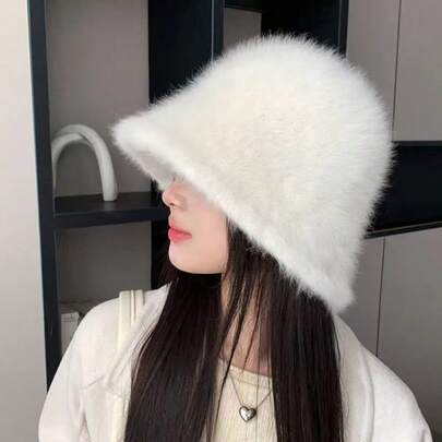 1pc Autumn/Winter Korean Fashion Warm Faux Rabbit Fur Adjustable Bucket Hat, Versatile & Warm, Fits Large Head Circumference, White Fluffy Plush Bucket Hat Winter Warm
