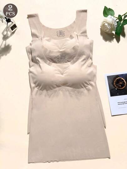 2pcs Seamless Women Camisole With Padded Bra, Gather Bust, Comfortable For Sleeping, Yoga, Sports