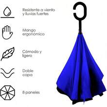 Paraguas de doble refuerzo de moda, paraguas a prueba de viento y lluvias torrenciales, paraguas grandes en sentido inverso, sin escorrentía, fácil de llevar - azul - Ver 11