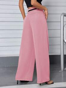 A&DD MODA, REF: 3264 Women's Casual Pants, High Waist, Straight, Wide, With Belt, Side Pockets, Comfortable, Elegant, Social, Versatile, Everyday Style, Flare, Pantacourt, Modern Tailoring, Lightweight Fabric, Perfect Fit, Blogger Look, Sophisticated, Charming, Practical For Work And Outings ✨ - 淺粉色 - 查看 2
