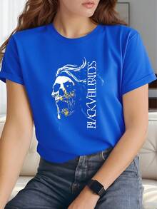 BL ACK VEIL BRIDES Printed Skull Pattern T-Shirt For Women, Women's 220g Casual Round Neck Heavy Pure Cotton T-Shirt (1 PC) - 藍色 - 查看 1