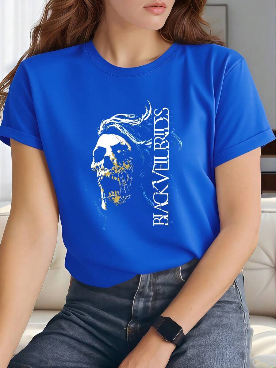 BL ACK VEIL BRIDES Printed Skull Pattern T-Shirt For Women, Women's 220g Casual Round Neck Heavy Pure Cotton T-Shirt (1 PC) - 藍色 - 查看 1
