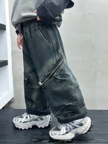 Young Boys' Loose Fit Thermal Lined Thickened Denim Jeans, Suitable For Casual, School, Outdoor Wear In Autumn/Winter