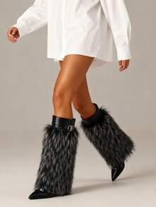 Punk Women Fold Over Boots Stiletto High Heel Rivit Buckle Fur Furry Warmplush Luxury Design Fashion Mid Calf Winter Women Snow Shoes - 黑色 - 查看 1