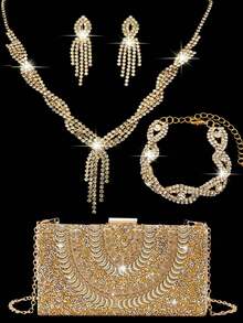 LETODE 4 Pieces Rhinestone Jewelry Set Bling Necklace Earrings Bracelets Set For Women Evening Clutch Bag Bridal Wedding Women Evening Party Bridal Purse Silver Sparkling Crystal Diamond Clutch Women's Handheld Evening Metal Chain Bag Handbag Crossbody Purse Bag For Women And Girls - 金色 - 查看 11