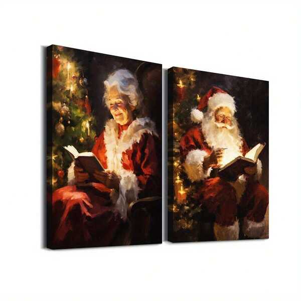 1pc, Canvas Wall Art, Framed Wall Decor, Vintage Santa And Mrs. Claus Reading Book, Waterproof Wall Decor, Suitable For Living Room, Bedroom, Office, Etc. - Perfect Christmas Gift, Christmas Decor