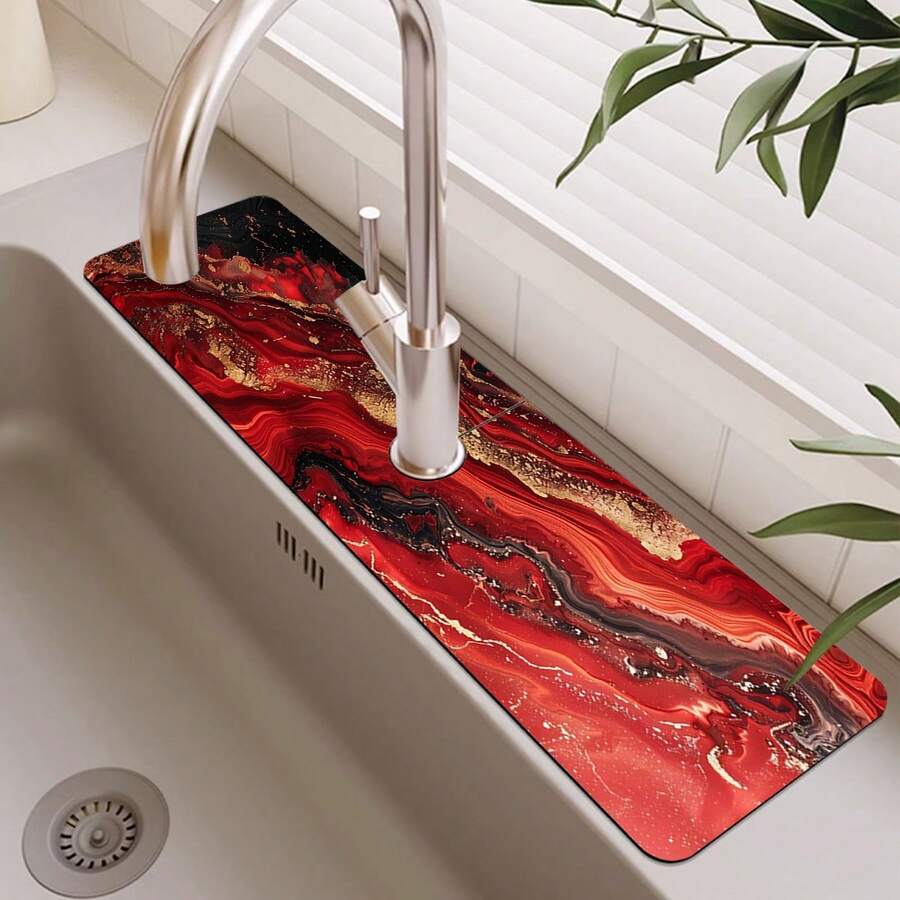 1 miếng lót thoát nước bồn rửa họa tiết bãi biển màu đỏ nghệ thuật, miếng lót vòi nước nhà bếp/phòng tắm chống trượt bằng đất tảo cát và cao su khô nhanh, thấm hút độ ẩm, miếng lót thoát nước bằng silicon chống trượt bằng bùn tảo cát, miếng lót thoát nước nhà bếp gia dụng, miếng bảo vệ bồn rửa mặt, phù hợp với mọi loại vòi nước trong phòng tắm và nhà bếp.