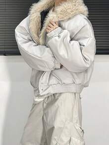 Design Sense! Super Warm! Cotton Collar And Cotton Jacket For Men, Thickened And Warm 2025 New Style Hooded Wide Loose Fur Jacket For Menv - trắng - Xem 1