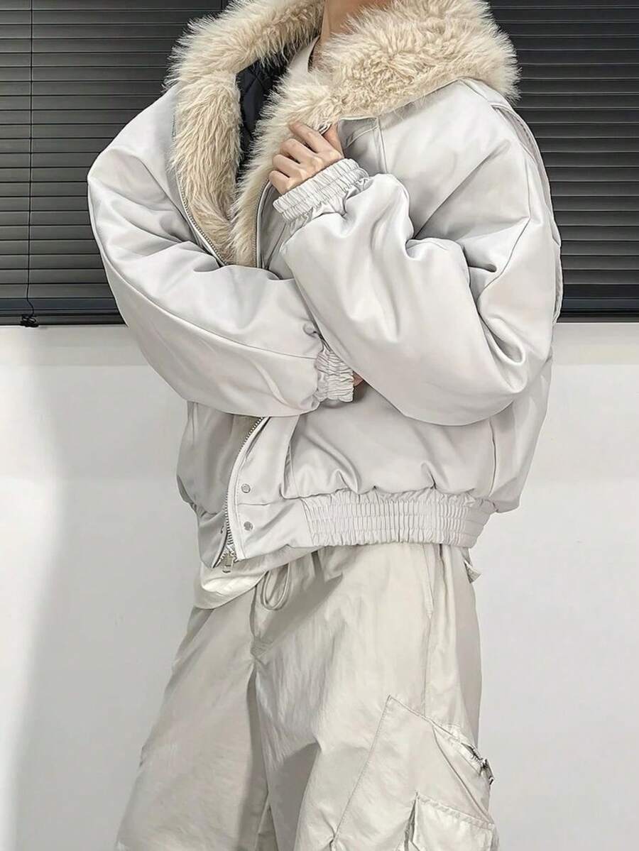 Design Sense! Super Warm! Cotton Collar And Cotton Jacket For Men, Thickened And Warm 2025 New Style Hooded Wide Loose Fur Jacket For Menv - trắng - Xem 1