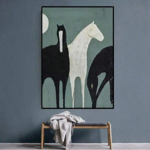 现代抽象马画 - 无框手绘油画艺术，带有白马和黑马，非常适合家庭和办公室装饰，是马爱好者的理想礼物 - 有多种尺寸可供选择，手工制作的现代抽象墙壁艺术 - 奢华的金箔，简约的客厅和卧室装饰设计，无框，您可以准备一个或更大的画框来匹配您的壁画；自己组装和安装，充分享受 DIY 的乐趣。