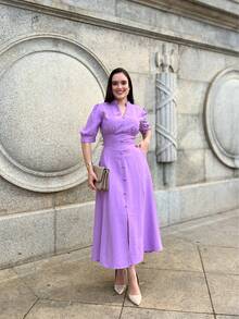MARRANT PLAIN MIDI DRESS Simple Button Contrasted Waist WOMEN'S SUMMER FASHION - tử đinh hương - Xem 7