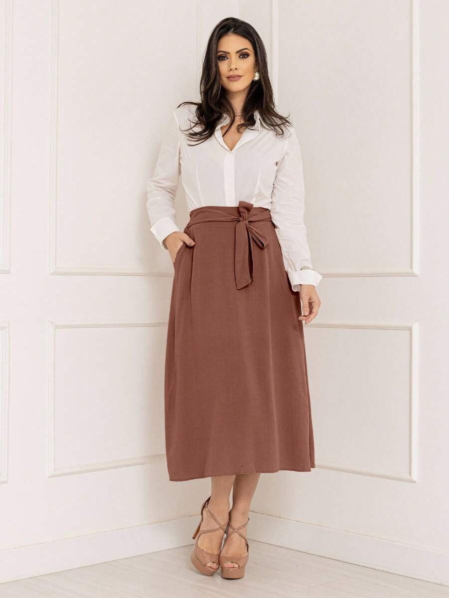 Viscose Midi Skirt With New Lining - Marrón - Ver 1