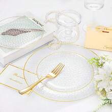 50/25/12 Heavy-Duty Transparent Plates - Elegant Gold Borders, Stackable And Space Saving Design, Durable Plastic Plates For Weddings, Birthday Parties, Outdoor Banquets, Daily Meals - Perfect For Formal And Casual Events, Party Utensils, Corrugated Textures, Sturdy Structures, Multifunctional Utensils, Event Planners, Family Artists, Holiday Celebrations, - 透明 - 查看 5