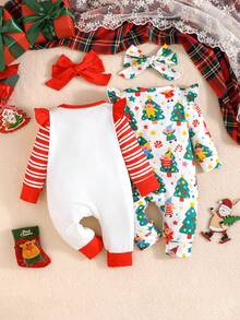2pcs/Set Baby Girls' Christmas Element Print Long Sleeve Jumpsuit With Headband - Multicolor - View 2
