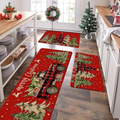 1/2/3 Adet Kalınlaştırılmış 0,47 İnç/1,2 cm Noel Neşesi Mutfak Paspas Seti - Noel Ağacı ve Kamyon Desenli Tasarım, Tatil Dekorasyonu İçin Yorgunluk Önleyici Flanel Halılar, Oturma Odası, Yatak Odası, Yemek Alanı ve Daha Fazlası İçin Mükemmel