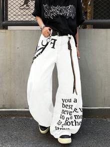 1件 Infinite Jeans 美国休闲品牌拼接男士个性化印花喇叭裤，宽松舒适的街头风阔腿裤（不含腰带和配饰） - 白色 - 查看 8