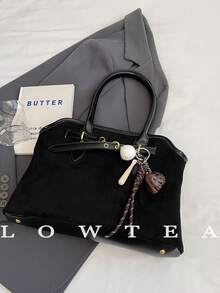 low tea 1 件女式绒面革和 PU 皮革撞色单肩包，复古时尚休闲单肩包，双手柄，拉链开合，适合日常、约会、通勤，配有吊坠 - 黑色 - 查看 7