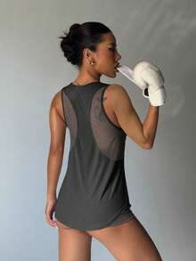 运动工作室纯色镂空后背运动背心健身背心游戏套装背心夏季 - 深灰色 - 查看 3