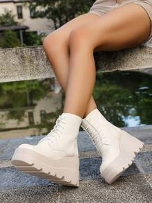 Giày bốt cao đến đầu gối buộc dây đế dày cổ điển dành cho nữ, thiết kế bằng da, giày bốt đi xe máy thường ngày, công sở, đi làm, mũi tròn, thu/đông - trắng - Xem 4