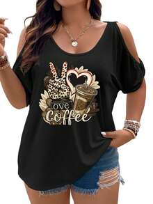 Love Coffee Leopard-Print Hand And Heart Design Women Cold Shoulder Tops Summer Short Sleeve Shirt Plus Size - màu đen - Xem 1