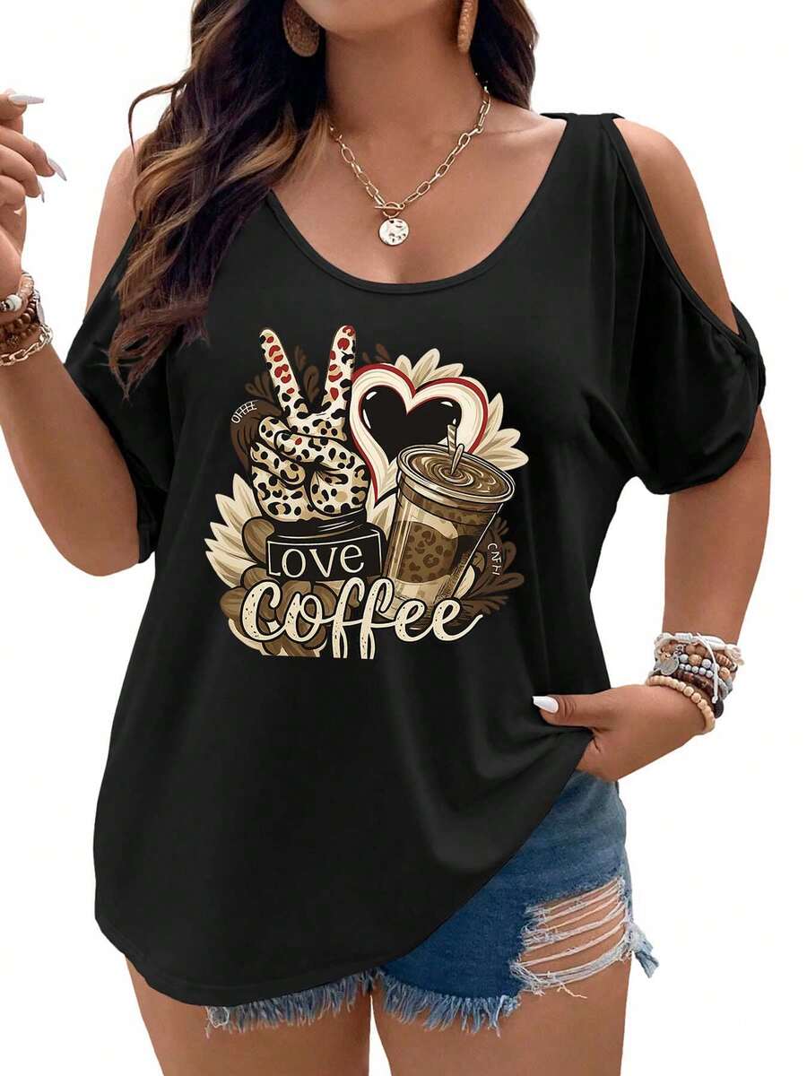 Love Coffee Leopard-Print Hand And Heart Design Women Cold Shoulder Tops Summer Short Sleeve Shirt Plus Size - màu đen - Xem 1