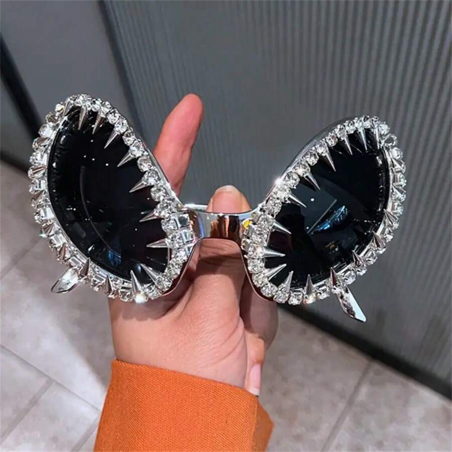 Women's Punk Alien Glasses - Metallic Chain-Like Frame, Bold Statement Eyewear For Costume Parties, Concerts, Everyday - Edgy Gothic Accessories For Women - Grey - View 1