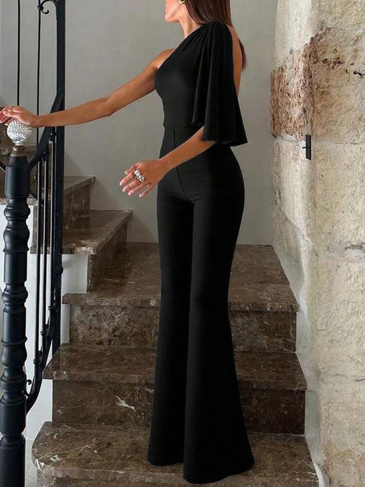 Mono informal asimétrico/asimétrico para mujer, mono de tirantes de unicolor versátil para uso diario - Negro - Ver 3