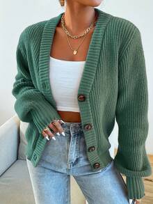 New Elegant Women's Solid-Color Front-Buttoned Knitted Cardigan Jacket For Work, Commuting And Dates - Green - View 2