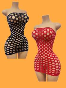 2 件套性感内衣，加大码性感睡衣裙，女士镂空露肩高弹力渔网筒裙 - 黑色+紅色 - 查看 7