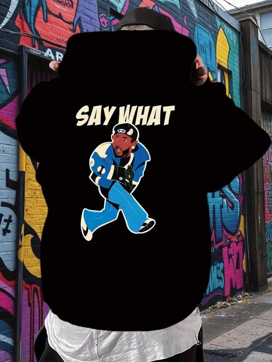 Men's Hoodie - Black Pullover Hooded Sweatshirt With SAY WHAT Graphic, Hockey Player Design - Machine Washable Winter Streetwear For Casual Outfits & Sports Events, Winter Hoodie,,Fall Hoodies,Men's Fall Clothes,Street Wear,Halloween,Mens Hoodies,Y2k Clothes,Jesus Hoodie,Thanksgiving Day,Nightmare Before Christmas,Christmas - Black - View 1